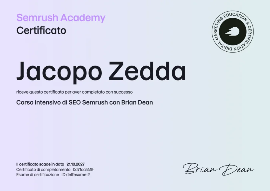 Certificato originale Semrush di Jacopo Zedda: Corso intensivo di SEO Semrush con Brian Dean