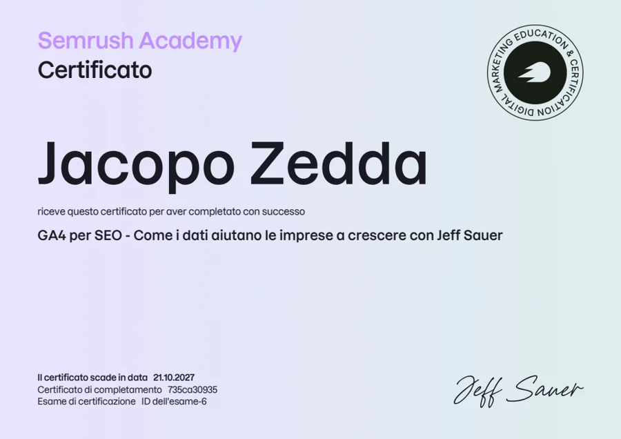 Certificato originale Semrush di Jacopo Zedda: GA4 per SEO - Come i dati aiutano le imprese a crescere con Jeff Sauer