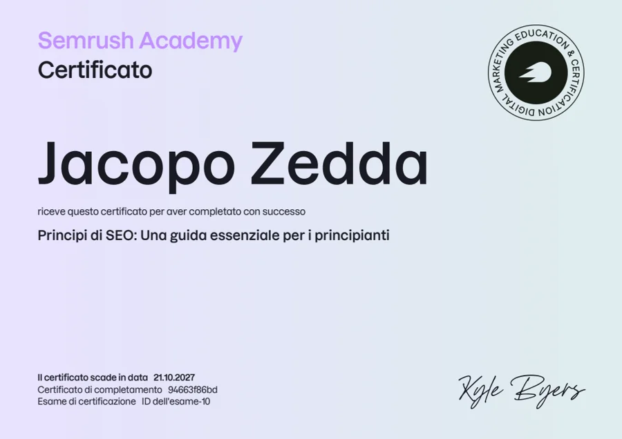 Certificato originale Semrush di Jacopo Zedda: Principi di SEO: Una guida essenziale per i principianti