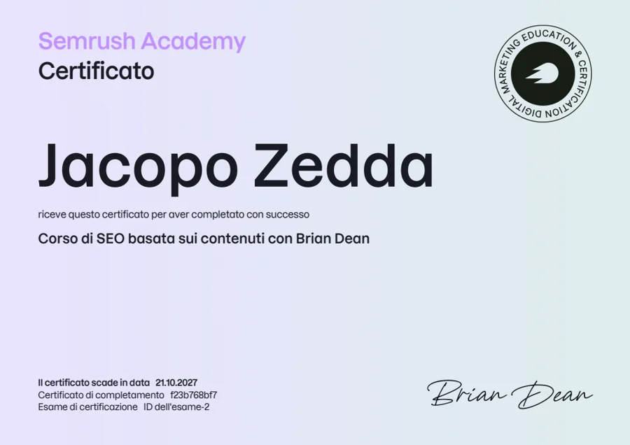 Certificato originale Semrush di Jacopo Zedda: Corso di SEO basata sui contenuti con Brian Dean